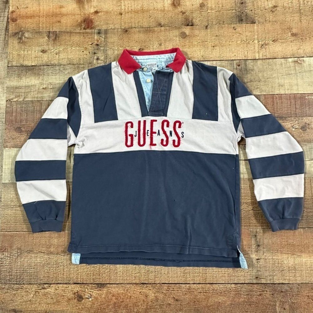 Guess Jeans Men's Vintage striped long sleeve embroidered polo shirt -M